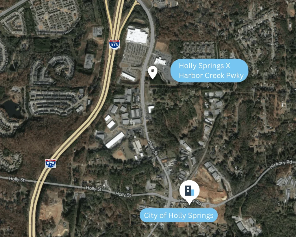 Aerial view of the 6.5-acre commercial land parcel at 101 Harbor Creek Parkway, Holly Springs, GA, sold by Stratus Property Group.