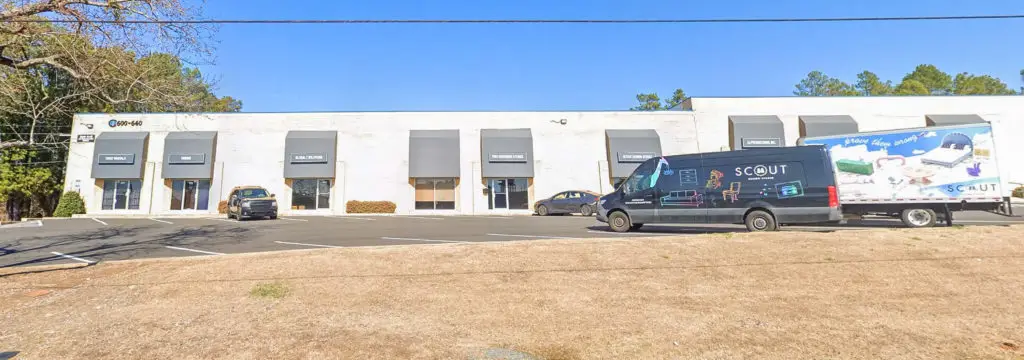 Exterior view of the industrial property at 608-610 Interchange Drive, Atlanta, GA, available for sublease through Stratus Property Group.