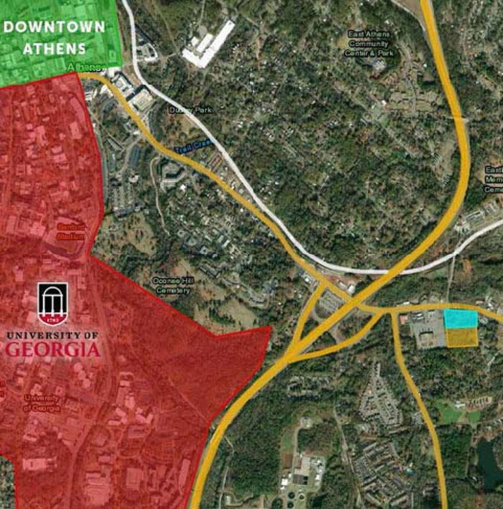 Aerial view of the 5.73-acre commercial development site at 1608/1610 Lexington Road, Athens, GA.
