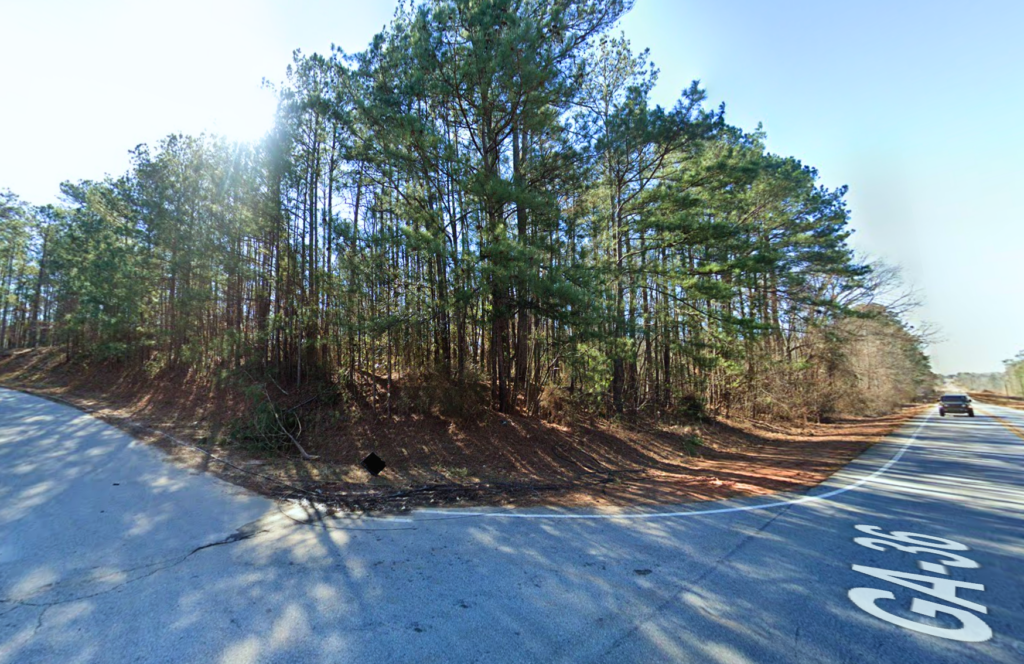 Street view of the 3.2-acre land parcel at Parker Road and GA 36 in Covington, GA, near Jackson Lake.
